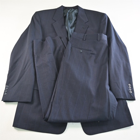 Roundtree & Yorke 44R 38x32 Blue Windowpane 100% Wool USA Made Mens Suit